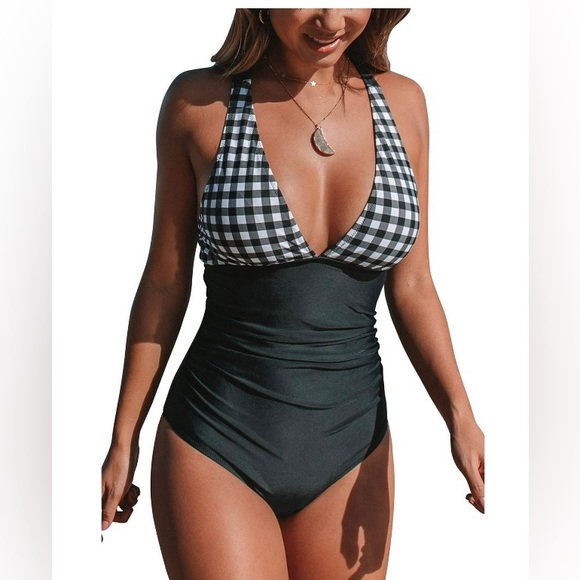 Cupshe Other - CUPSHE Black Gingham Open Back Criss Cross Ruched One Piece Bathing Suit NWT
